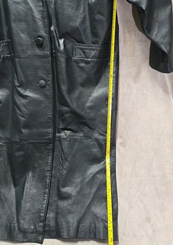 Vintage 90s Women Comint Black Leather Longline Trench Coat Medium Oversized - Picture 9 of 9