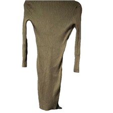 Olive Green Ribbed Bodycon Midi Dress Long Sleeve Womens Medium
