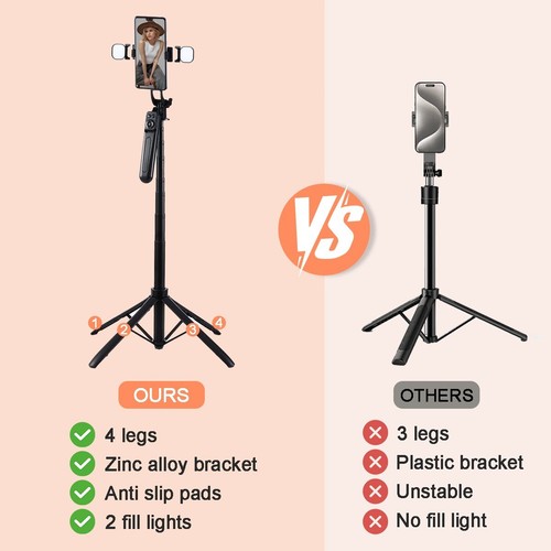 70" Selfie Stick Tripod with Wireless Remote & 2 Lights, 4-Leg, Aluminum Alloy - Picture 5 of 7