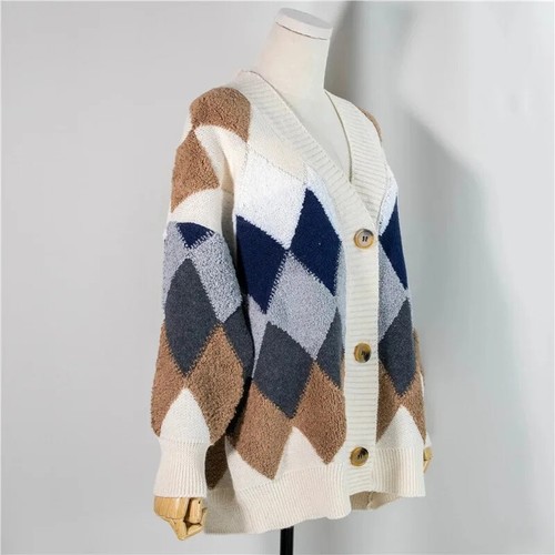 Cardigans Button Puff Sleeve Checkered Oversized Women's Sweaters Sweater Tops - Picture 20 of 26