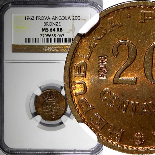 Angola Bronze 1962 20 Centavos PROVA Pattern NGC MS64 RB TOP GRADED KM# Pr58 (7) - Picture 1 of 4