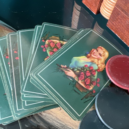 ANTIGUO Carrito de Poker de Madera para Fichas y Tarjetas Pinup Girl + 96 Fichas de Arcilla - Imagen 5 de 6