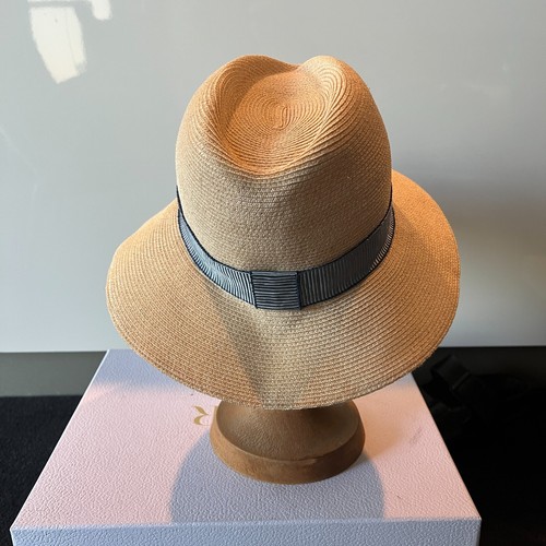MAISON MICHEL $1,300 Henrietta Fedora Hat, brisa straw, Blue Ribbon Satin Trim L - Picture 6 of 16