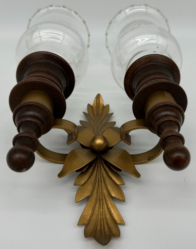 Wooden & Metal 2 Candle Sconces W/ Shades~USED~Etched Leaf Design~Voltive Holder - Picture 3 of 11