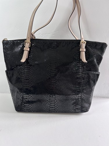 Michael Kors Shoulder Tote Bag Python Snake Embossed Zip Closure Black - 第 4/21 張圖片