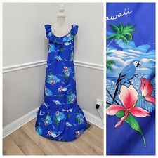 VTG Hilo Hattie Hawaiian Dress Blue White MuMu Floral Hawaii Maxi Polyester