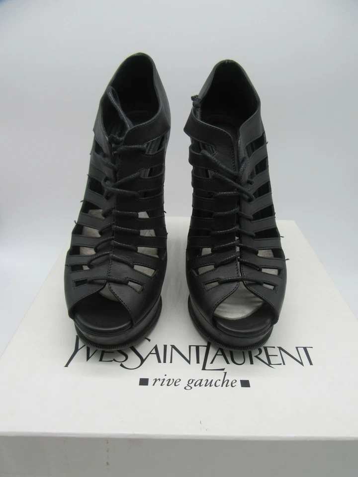 YVES SAINT LAURENT Cuñas peep-toe enjauladas de cuero negro con cordones talla 39 Foto 2 de 4