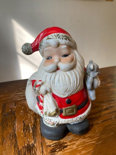 Vintage Ceramic Santa Claus Bank With Teddy Bear & Gift Bag