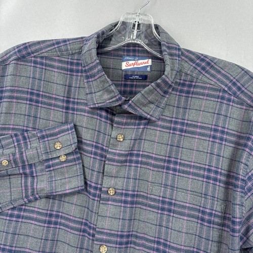Johnnie O Shirt Mens XL Button Up Surf Flannel Gray Purple Plaid Tartan Stretch