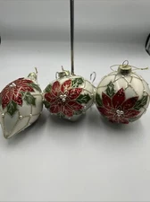 RAZ Imports Set Of 3 Christmas Ornaments Glittery Red Poinsettia NEW