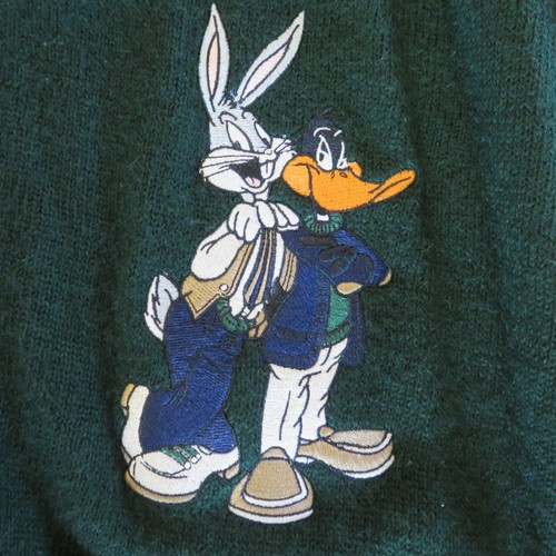 Vtg Warner Brothers 100% Wool Green Cardigan Sweater 1995 Bugs Daffy 90s Mens L - Picture 2 of 11