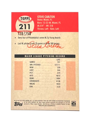 2022 Topps Chrome Platinum Anniversary Steve Carlton 120/250 Yellow Lava - Picture 2 of 3