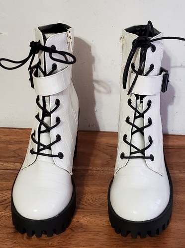 Madden Girl Damenstiefel Stil Coco weiß Größe 7,5 Reißverschluss Spitze Schnalle Stollensohle  - Bild 3 von 6