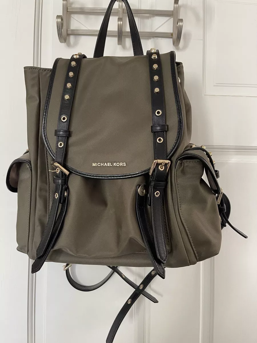 Pacific Peer Fatal Michael Kors Leila Flap Medium Nylon Backpack Bag Green /Gold Studs | eBay