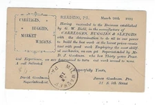 1891, UX9 Postal Card, Reading PA, Wagons, Buggies, Carriages