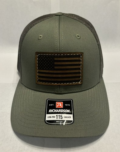 Richardson 115 American Flag 6 Panel Snapback Trucker Mesh Hat Leather Patch
