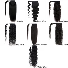 Long Ponytail Extension Wavy human hair Wrap Around Black Hairpiece for Women