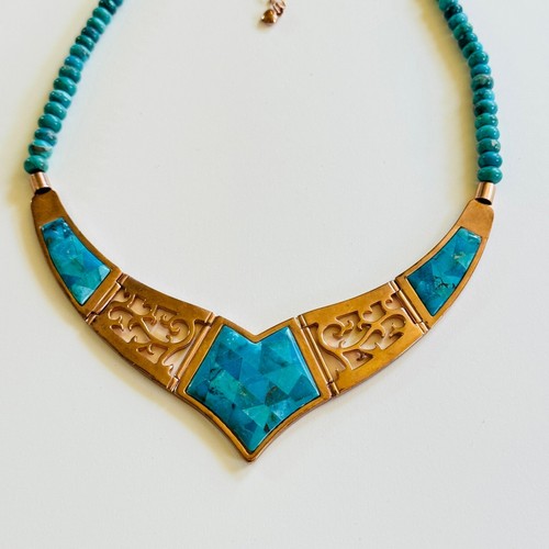 Vtg Jay King DTR Mine Finds Necklace Copper Turquoise Inlay Statement Collar bib - Picture 4 of 9