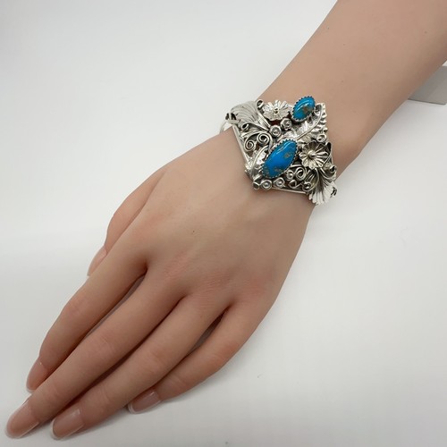 Harry B Yazzie Navajo Sterling Silver Turquoise Floral Cuff Bracelet 29.9g #ygo - Picture 2 of 10