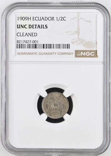 ECUADOR  1/2 CENTAVO  1909  H  KM # 57  NGC  UNC DETAILS.