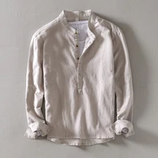 Mens Long Sleeve Shirt Casual Cotton Linen Shirts Pullover Tops Button Up Tops
