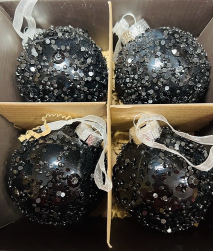 4 CHRISTMAS BLACK ENCRUSTED GLASS BALL ORNAMENTS HOLIDAY MODERN SPARKLE BEADS - Picture 4 of 9