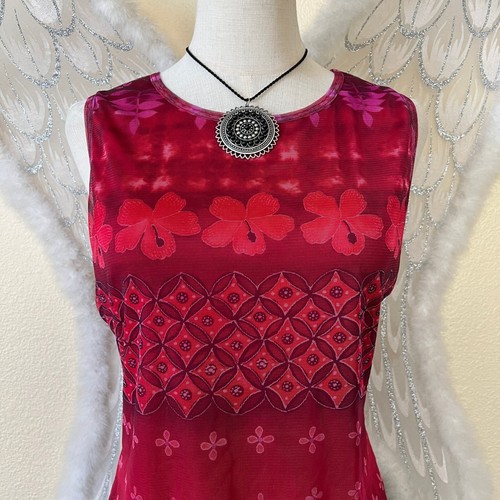 90s Y2K Floral Mesh Tank Top Hibiscus Summer Red Pink Indie Grunge Surfer Girl - Picture 2 of 8
