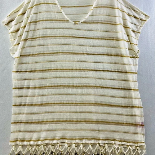 Calypso St. Barth hi-lo Beach cover, gold stripes and beaded fringe, size Small - Afbeelding 1 van 5