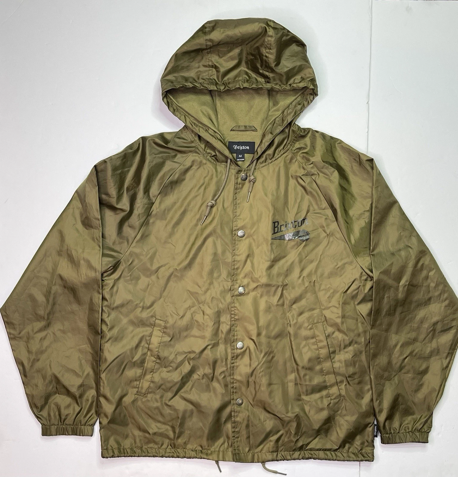 Brixton Jacket Mens Medium Green Hooded Windbreaker Coach Snap Front Logo Patch