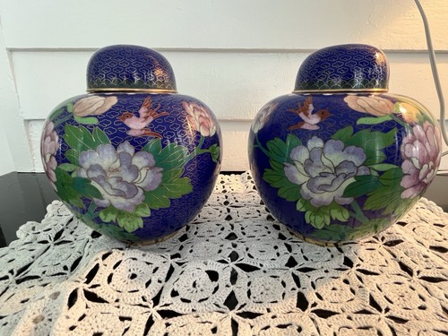 Vintage Pair Chinese Cloisonné Blue Clouds Floral Ginger Jar Urn Vase 7.5” tall - Picture 21 of 24