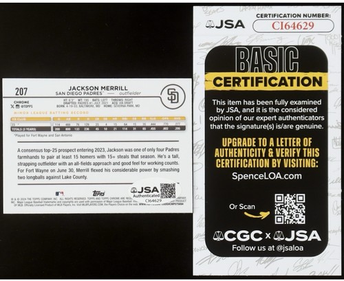 Jackson Merrill Signed 2024 Topps Chrome #207 RC (JSA Authentic mit Zertifikat) - Bild 2 von 2