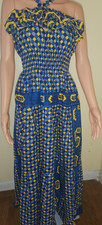 African Dashiki Blue Print Halter Maxi Dress Ruffle Smocked Waist for Women