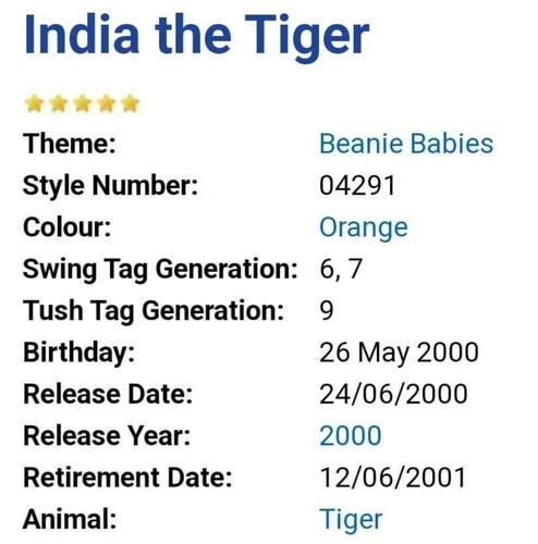 🐅 INDIA 🐅 2000 Ty Beanie Babies Orange Striped TIGER 6th Gen Tag *MWNMT* - Afbeelding 5 van 5