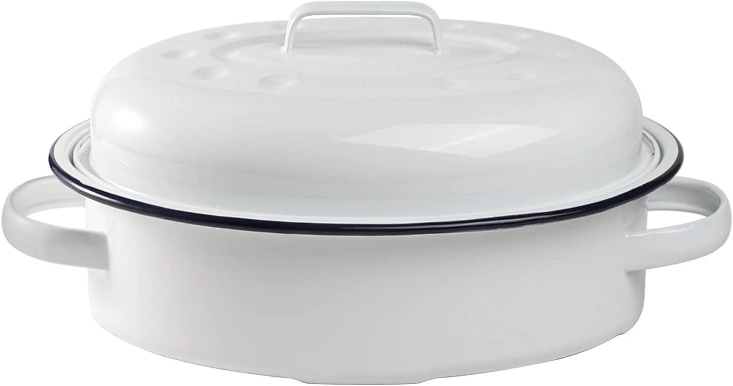 Webake Enameled Roasting Pan with Lid, Covered Roaster 15.5 Inch, White