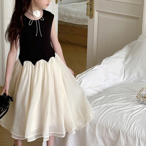 Black White Children Princess Dress Girls Splicing Mesh Skirt Spring Summer - Picture 9 of 13