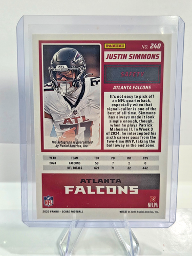 2025 Puntuación Justin Simmons Zona Roja Autógrafo #'ed 1/20 Atlanta Falcons - Imagen 3 de 3