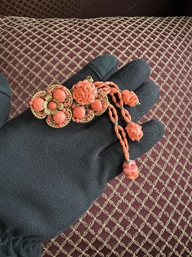 VTG Miriam Haskell Carved Faux Coral/Pink Glass Floral Dangle Brooch Signed