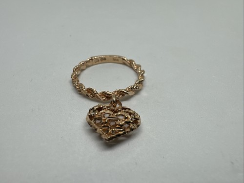 Beautiful 14k Rose Gold Diamond Cut Heart Dangle Ring Size 6, Rope Style, 2.15g - Picture 6 of 13