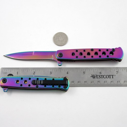 COLTELLO TASCABILE PIEGHEVOLE SPRING ASSIST arcobaleno stiletto pugnale lama tattico EDC - Foto 2 di 11