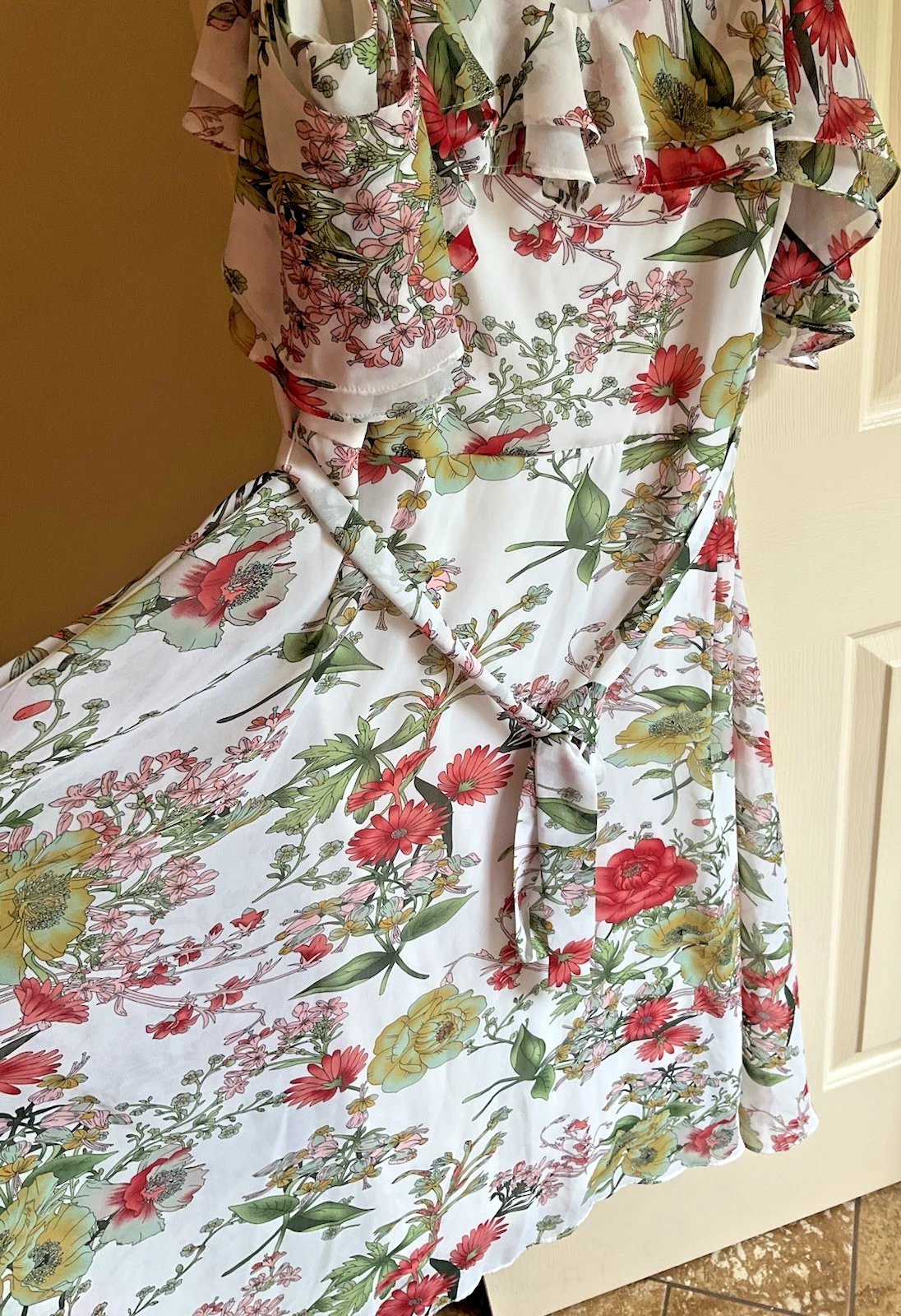 OFF WHITE Abito Bleecker 126 taglia 16 floreale volant trasparente foderato spalle scoperte bianco floreale