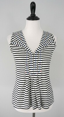 9-H15 STCL Anthropologie Black White Striped Sleeveless Pleated Top Shirt Sz XS