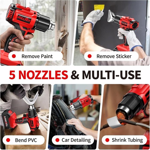 Cordless Heat Gun with 2 X 4.0Ah Batteries, 5 Nozzles Hot Air Gun Kit Portable, - Picture 5 of 7