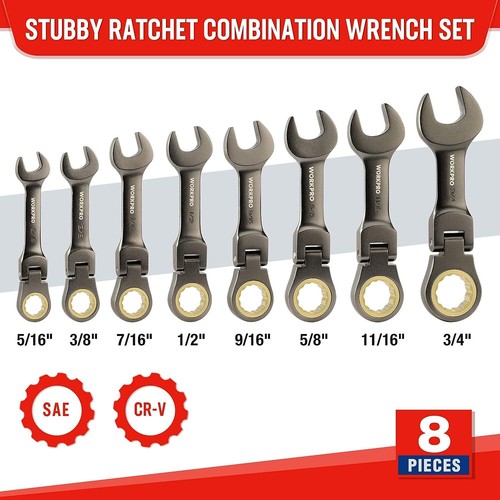 WORKPRO 8PC Flex-Head Stubby Ratcheting Combination Wrench Set SAE/Metric Wrench - Picture 9 of 27