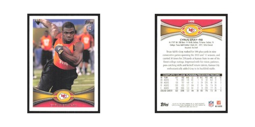 Cyrus Gray Rookie 2012 Topps #146 Kansas City Chiefs Football Card NM - Picture 3 of 3
