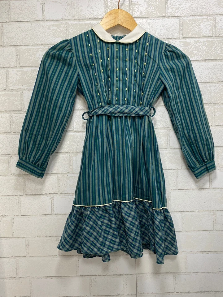 Vestido vintage Polly Flinders verde azulado a cuadros fiesta calado a mano 6X Foto 2 de 4