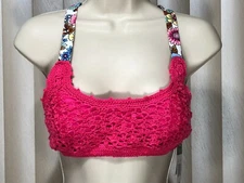 California Waves Bikini Swim Top L Strappy Back Crochet Pink Floral Juniors