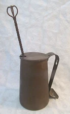 Primitive~Cape Cod Brass Fire Starter Can Twisted Iron Handle Wand Pumice Stone