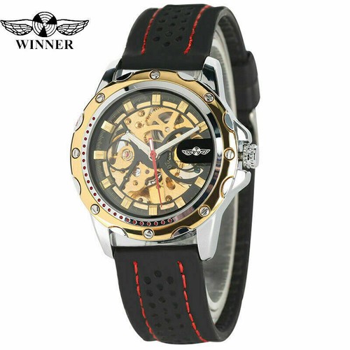 Top WINNER Band Men's Skeleton Automatic Mechanical Wristwatch Luminous Hands - Picture 3 of 7
