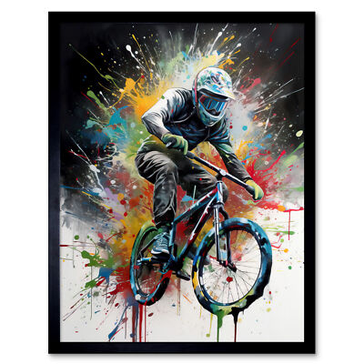 Mountainbiken Extremsport Farbe Splat Portrait gerahmter Wandkunstdruck 9 x 7 Zoll