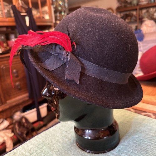 Escello Women’s Vintage Blue 100% Wool Bollman Hat w/ Feather Accent - Picture 2 of 18